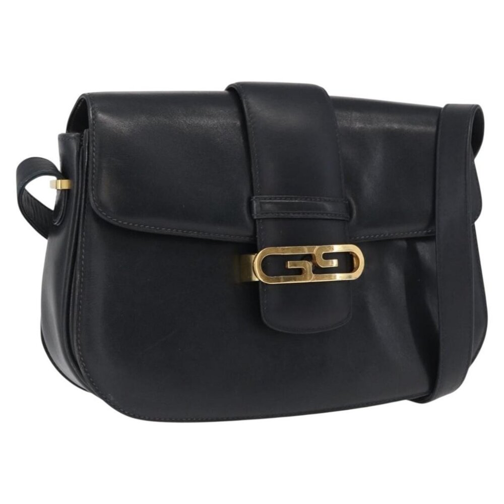 Authentic GUCCI Shoulder Bag Leather Navy Gold